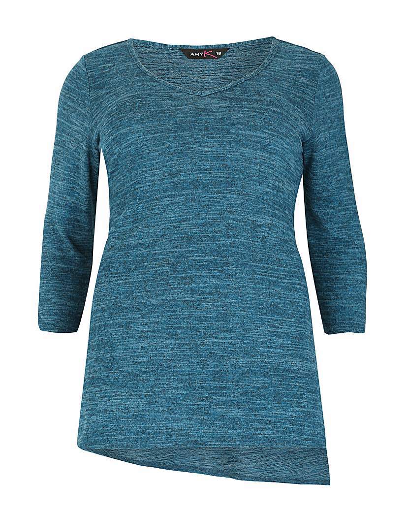 Amy K Asymmetric Jersey Top - neckline: round neck; style: t-shirt; sleeve style: balloon; predominant colour: turquoise; occasions: casual; length: standard; fibres: polyester/polyamide - stretch; fit: body skimming; sleeve length: 3/4 length; texture group: jersey - clingy; pattern type: fabric; pattern size: light/subtle; pattern: marl; season: a/w 2015