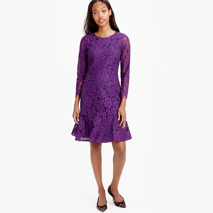 Petite Long Sleeve Dress In Floral Lace - style: shift; fit: tailored/fitted; pattern: plain; predominant colour: purple; occasions: evening; length: just above the knee; fibres: cotton - mix; neckline: crew; sleeve length: 3/4 length; sleeve style: standard; texture group: lace; pattern type: fabric; season: a/w 2015