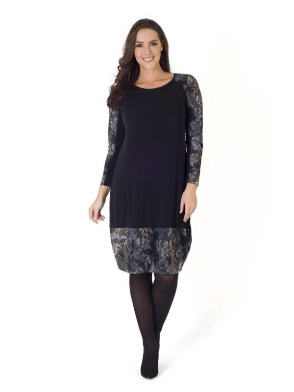 Black Flock Print Jersey Trim Dress - style: shift; neckline: round neck; secondary colour: ivory/cream; predominant colour: navy; occasions: evening; length: on the knee; fit: body skimming; fibres: polyester/polyamide - stretch; sleeve length: long sleeve; sleeve style: standard; pattern type: fabric; pattern: florals; texture group: jersey - stretchy/drapey; multicoloured: multicoloured; season: a/w 2015