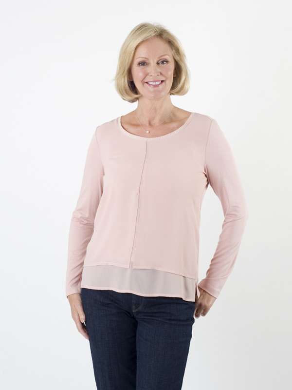 Taifun Blush Chiffon Front Top - neckline: round neck; pattern: plain; predominant colour: blush; occasions: casual, creative work; length: standard; style: top; fibres: viscose/rayon - 100%; fit: body skimming; sleeve length: long sleeve; sleeve style: standard; texture group: sheer fabrics/chiffon/organza etc.; pattern type: fabric; season: a/w 2015