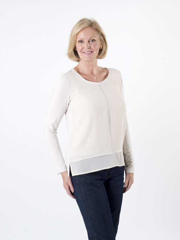 Taifun Natural Chiffon Front Top - pattern: plain; predominant colour: white; occasions: casual, creative work; length: standard; style: top; fibres: viscose/rayon - stretch; fit: straight cut; neckline: crew; sleeve length: long sleeve; sleeve style: standard; pattern type: fabric; texture group: jersey - stretchy/drapey; season: a/w 2015