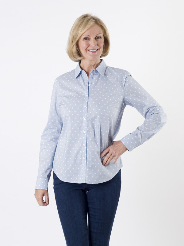 Taifun Cotton Spot Blouse - neckline: shirt collar/peter pan/zip with opening; style: shirt; pattern: polka dot; secondary colour: white; predominant colour: pale blue; occasions: casual; length: standard; fibres: cotton - 100%; fit: straight cut; sleeve length: long sleeve; sleeve style: standard; texture group: cotton feel fabrics; pattern type: fabric; pattern size: standard; season: a/w 2015