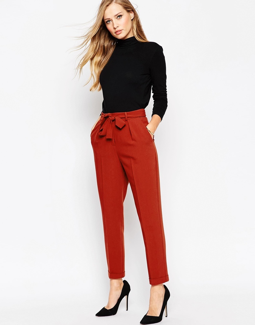 Woven Peg Trousers With Obi Tie Black - pattern: plain; style: peg leg; waist: high rise; waist detail: belted waist/tie at waist/drawstring; predominant colour: terracotta; occasions: casual, creative work; length: ankle length; fibres: polyester/polyamide - 100%; texture group: crepes; fit: tapered; pattern type: fabric; season: a/w 2015