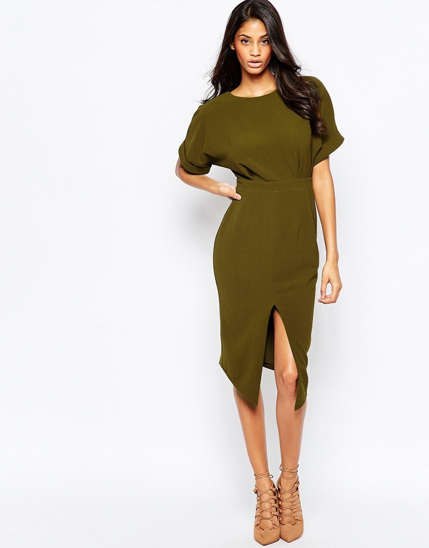 Wiggle Dress With Split Front Khaki - style: shift; length: below the knee; pattern: plain; predominant colour: khaki; occasions: evening; fit: body skimming; fibres: polyester/polyamide - stretch; neckline: crew; hip detail: slits at hip; sleeve length: short sleeve; sleeve style: standard; pattern type: fabric; texture group: jersey - stretchy/drapey; season: a/w 2015