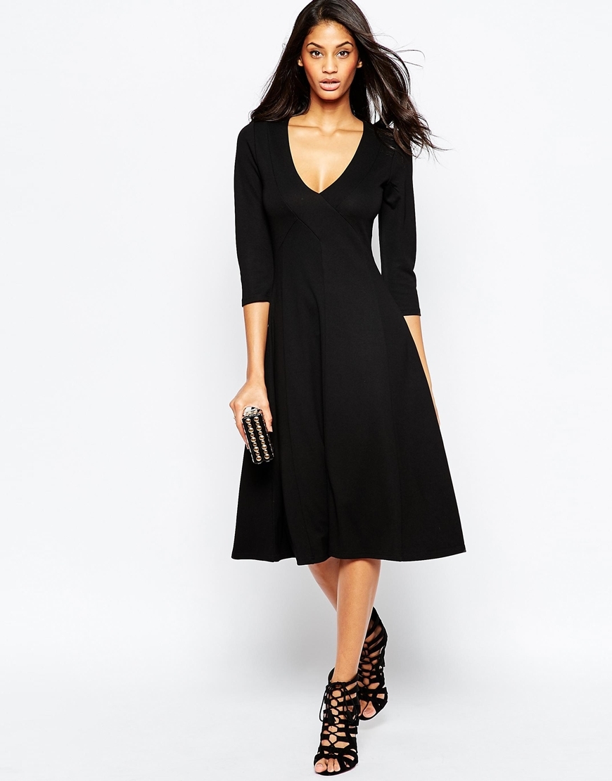Ponte Midi Dress Black - style: shift; length: below the knee; neckline: low v-neck; pattern: plain; predominant colour: black; occasions: evening, creative work; fit: soft a-line; fibres: polyester/polyamide - stretch; sleeve length: 3/4 length; sleeve style: standard; pattern type: fabric; texture group: jersey - stretchy/drapey; season: a/w 2015