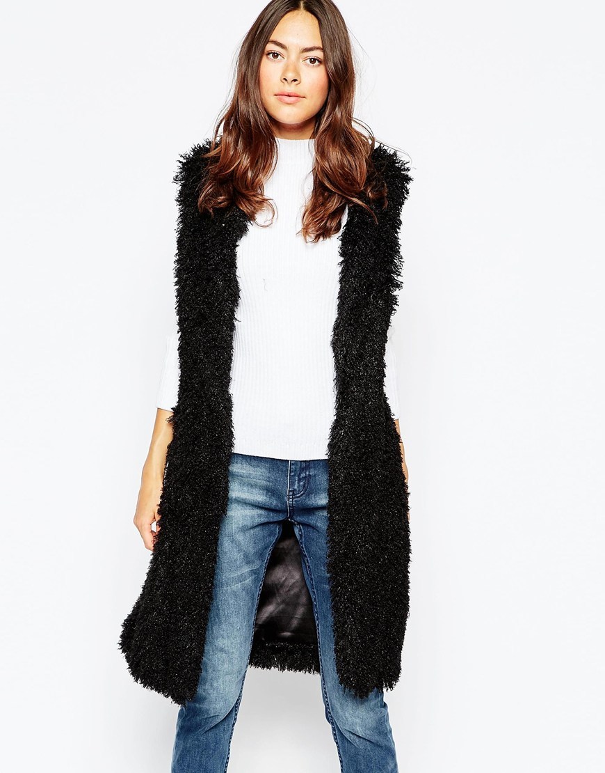 Faux Fur Long Line Gilet Black - pattern: plain; sleeve style: sleeveless; style: gilet; collar: round collar/collarless; fit: loose; length: on the knee; predominant colour: black; occasions: casual, creative work; fibres: polyester/polyamide - 100%; sleeve length: sleeveless; texture group: fur; collar break: low/open; pattern type: fabric; season: a/w 2015