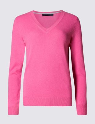 Pure Cashmere V Neck Jumper - neckline: v-neck; pattern: plain; style: standard; predominant colour: hot pink; occasions: casual, creative work; length: standard; fit: standard fit; fibres: cashmere - 100%; sleeve length: long sleeve; sleeve style: standard; texture group: knits/crochet; pattern type: knitted - fine stitch; pattern size: standard; season: s/s 2015