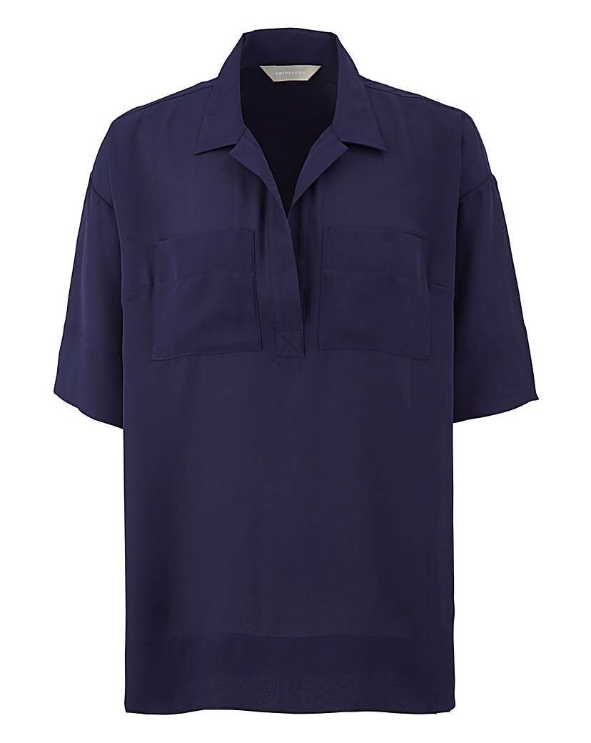 Dipped Side Utility Blouse - neckline: shirt collar/peter pan/zip with opening; pattern: plain; length: below the bottom; bust detail: pocket detail at bust; predominant colour: navy; occasions: casual, creative work; style: top; fibres: polyester/polyamide - 100%; fit: loose; sleeve length: half sleeve; sleeve style: standard; pattern type: fabric; texture group: other - light to midweight; season: a/w 2015