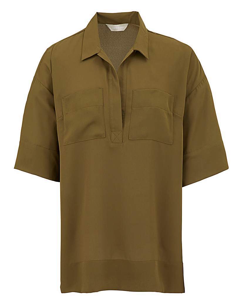 Dipped Side Utility Blouse - neckline: shirt collar/peter pan/zip with opening; pattern: plain; length: below the bottom; bust detail: pocket detail at bust; style: blouse; predominant colour: khaki; occasions: casual, creative work; fibres: polyester/polyamide - 100%; fit: straight cut; sleeve length: short sleeve; sleeve style: standard; pattern type: fabric; texture group: other - light to midweight; season: a/w 2015