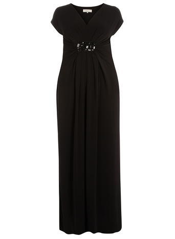 Womens **Billie & Blossom Curve Black Embellished Maxi Dress Black - neckline: v-neck; sleeve style: capped; fit: empire; pattern: plain; style: maxi dress; length: ankle length; predominant colour: black; occasions: evening; fibres: polyester/polyamide - stretch; hip detail: structured pleats at hip; sleeve length: short sleeve; pattern type: fabric; texture group: jersey - stretchy/drapey; embellishment: jewels/stone; season: a/w 2015