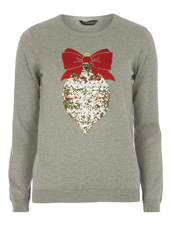 Womens Grey Blister Bauble Jumper Grey - neckline: round neck; style: standard; secondary colour: true red; predominant colour: mid grey; occasions: casual; length: standard; fibres: acrylic - mix; fit: standard fit; sleeve length: long sleeve; sleeve style: standard; texture group: knits/crochet; pattern type: knitted - fine stitch; pattern size: standard; pattern: patterned/print; embellishment: sequins; trends: christmas jumpers; season: a/w 2015