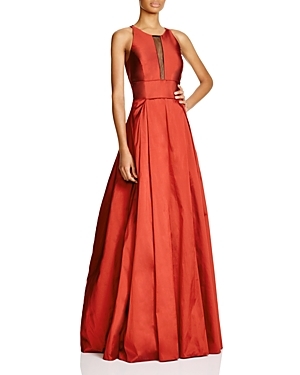 Sleeveless Illusion Neck Gown 100% Bloomingdale's Exclusive - pattern: plain; sleeve style: sleeveless; style: maxi dress; predominant colour: bright orange; length: floor length; fit: fitted at waist & bust; fibres: silk - 100%; occasions: occasion; neckline: crew; hip detail: slits at hip; sleeve length: sleeveless; texture group: structured shiny - satin/tafetta/silk etc.; pattern type: fabric; season: a/w 2015