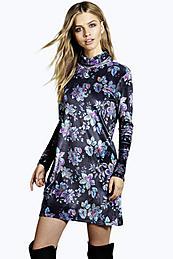 Velvet Floral High Neck Shift Dress Multi - style: tunic; length: mini; neckline: roll neck; secondary colour: lilac; predominant colour: black; occasions: evening; fit: body skimming; sleeve length: long sleeve; sleeve style: standard; pattern type: fabric; pattern size: big & busy; pattern: florals; texture group: velvet/fabrics with pile; season: a/w 2015