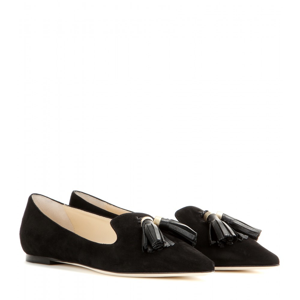 Gabby Suede Slippers - predominant colour: black; occasions: casual, creative work; material: suede; heel height: flat; embellishment: tassels; toe: round toe; style: loafers; finish: plain; pattern: plain; season: a/w 2015
