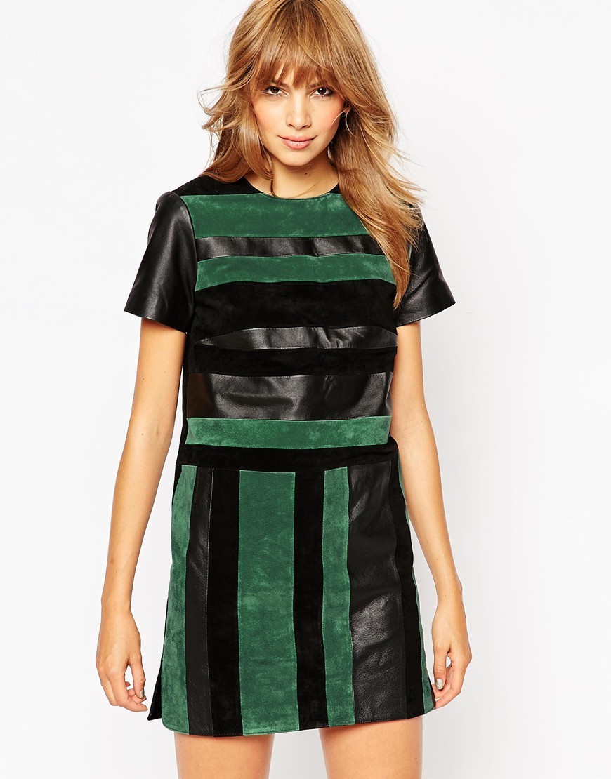 Suede And Leather Blocked T Shirt Dress Black/Green - style: shift; length: mid thigh; predominant colour: dark green; secondary colour: black; occasions: evening, creative work; fit: soft a-line; fibres: leather - 100%; neckline: crew; sleeve length: short sleeve; sleeve style: standard; texture group: leather; pattern type: fabric; pattern size: standard; pattern: patterned/print; season: a/w 2015