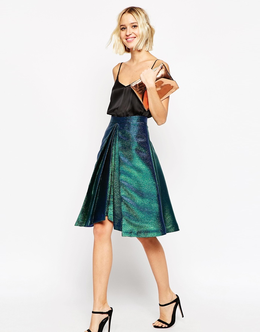 Prom Skirt In Metallic With Origami Hem Multi - pattern: plain; fit: loose/voluminous; waist: high rise; predominant colour: teal; occasions: evening; length: just above the knee; style: a-line; fibres: polyester/polyamide - 100%; hip detail: structured pleats at hip; texture group: structured shiny - satin/tafetta/silk etc.; pattern type: fabric; season: a/w 2015