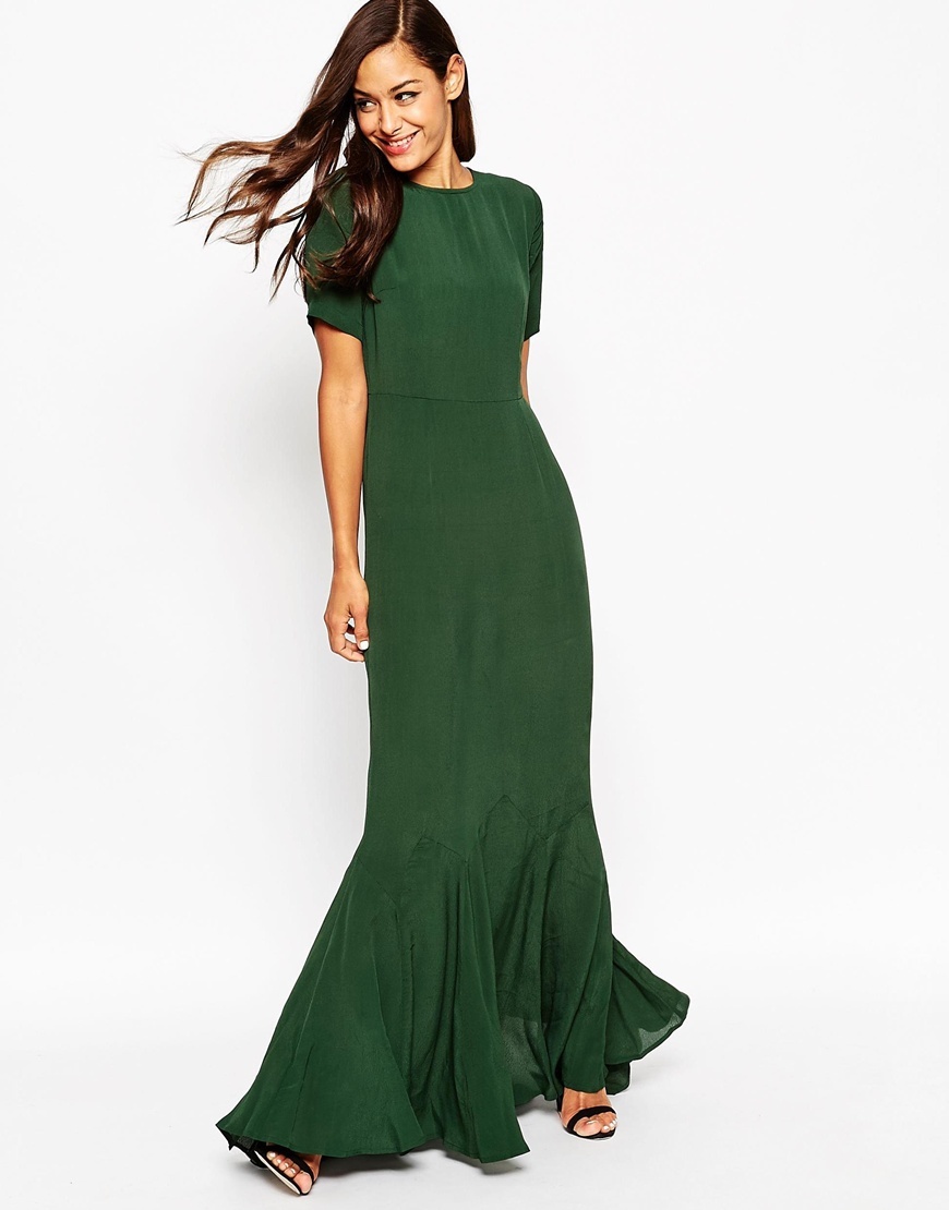 30s Seamed Short Sleeve Fishtail Maxi Dress Mint - pattern: plain; style: maxi dress; predominant colour: dark green; occasions: evening, occasion; length: floor length; fit: body skimming; neckline: crew; sleeve length: short sleeve; sleeve style: standard; texture group: crepes; pattern type: fabric; pattern size: standard; season: a/w 2015