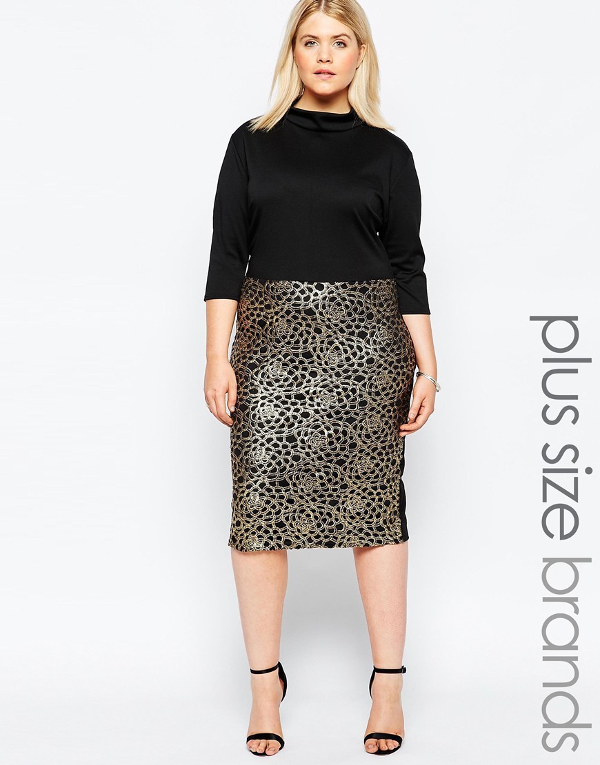 Plus Size Midi Dress With Metallic Embroidered Skirt Black/Gold - style: shift; length: below the knee; neckline: high neck; secondary colour: gold; predominant colour: black; occasions: evening; fit: body skimming; fibres: polyester/polyamide - stretch; hip detail: contrast fabric/print detail at hip; sleeve length: 3/4 length; sleeve style: standard; texture group: jersey - clingy; pattern type: fabric; pattern size: standard; pattern: patterned/print; embellishment: embroidered; season: a/w 2015