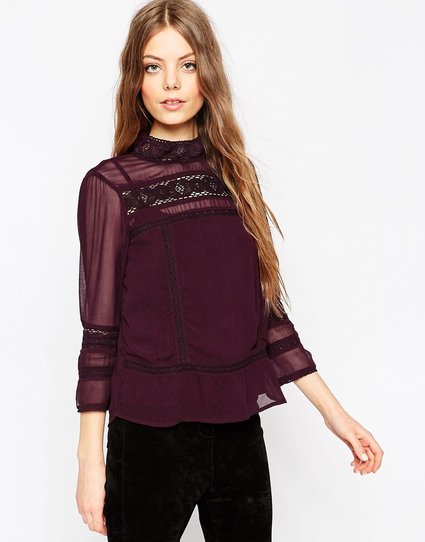 Lace Insert Victoriana Top Plum - sleeve style: bell sleeve; pattern: plain; neckline: high neck; bust detail: added detail/embellishment at bust; predominant colour: aubergine; occasions: evening, work, creative work; length: standard; style: top; fibres: viscose/rayon - 100%; fit: body skimming; sleeve length: 3/4 length; texture group: sheer fabrics/chiffon/organza etc.; pattern type: fabric; embellishment: lace; season: a/w 2015; trends: romantic goth