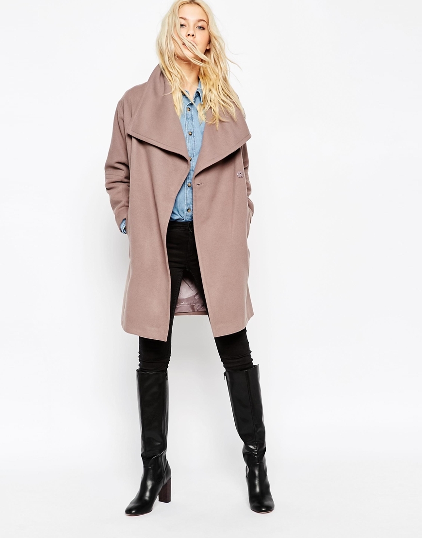 Oversized Funnel Neck Coat Mink - pattern: plain; collar: shawl/waterfall; fit: loose; length: mid thigh; occasions: casual, creative work; style: cocoon; fibres: wool - mix; sleeve length: long sleeve; sleeve style: standard; collar break: low/open; pattern type: fabric; texture group: other - bulky/heavy; predominant colour: dusky pink; season: a/w 2015; trends: pink aw 15