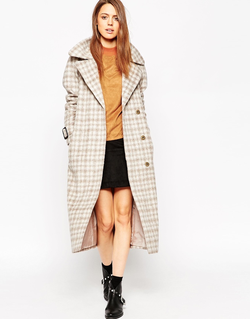 Coat In Brushed Check With Leather Belt Check - pattern: checked/gingham; collar: wide lapels; fit: loose; style: single breasted; length: calf length; predominant colour: ivory/cream; secondary colour: stone; occasions: casual, creative work; fibres: wool - mix; sleeve length: long sleeve; sleeve style: standard; collar break: low/open; pattern type: fabric; pattern size: standard; texture group: woven bulky/heavy; season: a/w 2015