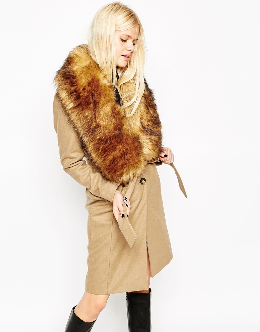 Coat With Faux Fur Stole Camel - pattern: plain; length: on the knee; style: wrap around; predominant colour: camel; occasions: casual, creative work; fit: tailored/fitted; fibres: wool - mix; waist detail: belted waist/tie at waist/drawstring; sleeve length: long sleeve; sleeve style: standard; collar: fur; collar break: medium; pattern type: fabric; texture group: woven bulky/heavy; embellishment: fur; season: a/w 2015