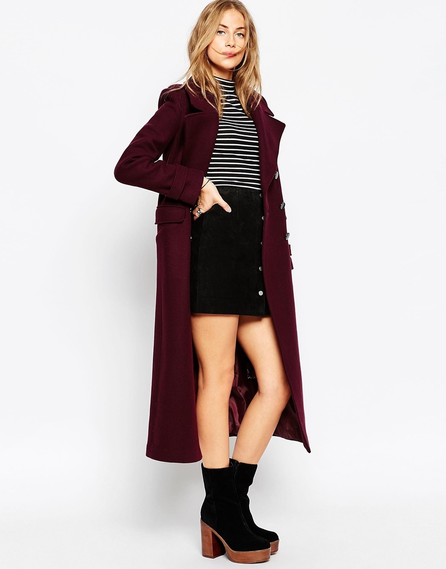 Maxi Military Coat With Contrast Buttons Wine - pattern: plain; length: below the bottom; style: double breasted military coat; collar: standard lapel/rever collar; predominant colour: burgundy; occasions: casual, creative work; fit: tailored/fitted; fibres: wool - mix; sleeve length: long sleeve; sleeve style: standard; collar break: medium; pattern type: fabric; texture group: woven bulky/heavy; season: a/w 2015