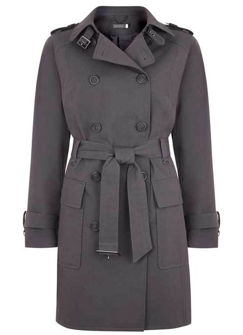 Smoke Cotton Mix Trench Coat - pattern: plain; style: double breasted; fit: slim fit; collar: standard lapel/rever collar; length: mid thigh; predominant colour: mid grey; occasions: casual; fibres: cotton - mix; waist detail: belted waist/tie at waist/drawstring; sleeve length: long sleeve; sleeve style: standard; texture group: technical outdoor fabrics; collar break: medium; pattern type: fabric; season: a/w 2015