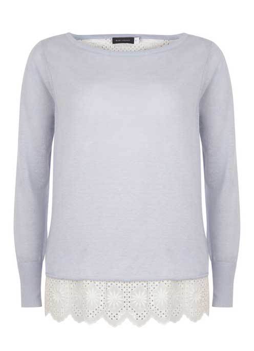 Blue & Ivory Broderie Knit - neckline: round neck; pattern: plain; style: standard; secondary colour: ivory/cream; predominant colour: pale blue; occasions: casual, creative work; length: standard; fit: standard fit; hip detail: added detail/embellishment at hip; back detail: longer hem at back than at front; sleeve length: long sleeve; sleeve style: standard; texture group: knits/crochet; pattern type: knitted - fine stitch; season: a/w 2015