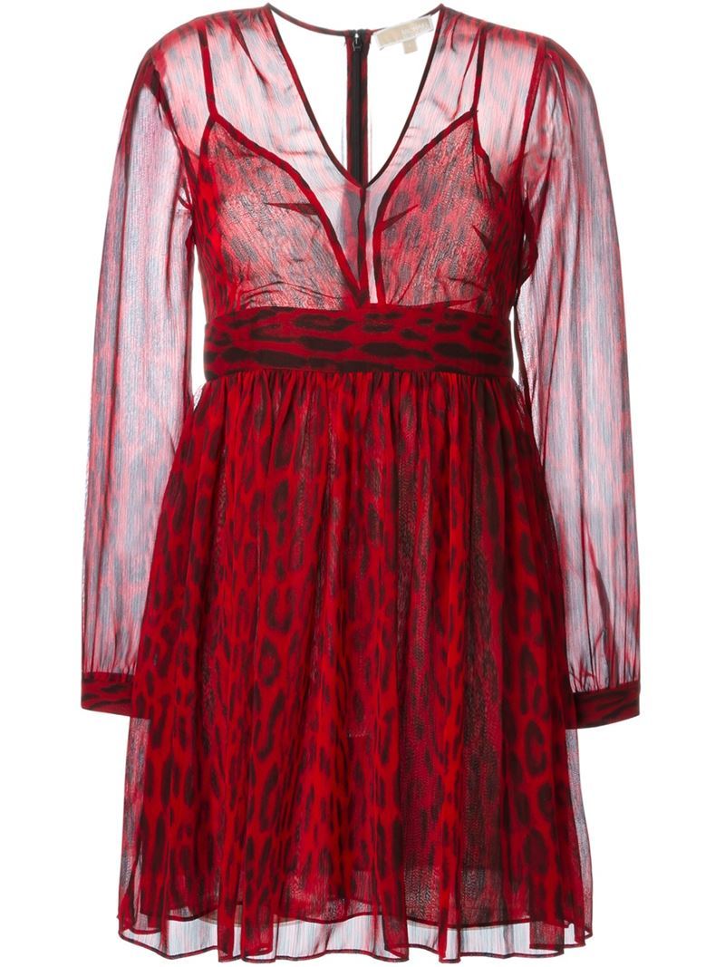 Sheer Sleeve Leopard Print Dress - length: mid thigh; neckline: v-neck; secondary colour: burgundy; occasions: evening, occasion; fit: fitted at waist & bust; style: fit & flare; sleeve length: long sleeve; sleeve style: standard; texture group: sheer fabrics/chiffon/organza etc.; pattern type: fabric; pattern size: light/subtle; pattern: animal print; predominant colour: raspberry; shoulder detail: sheer at shoulder; season: a/w 2015