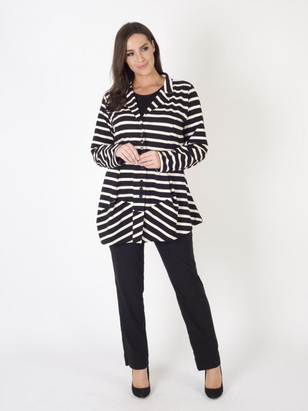 Black/White Revere Stripe Jersey Jacket - pattern: horizontal stripes; style: single breasted blazer; length: below the bottom; collar: standard lapel/rever collar; predominant colour: black; fit: tailored/fitted; fibres: polyester/polyamide - 100%; sleeve length: long sleeve; sleeve style: standard; trends: monochrome; collar break: medium; pattern type: fabric; pattern size: standard; texture group: jersey - stretchy/drapey; occasions: creative work; season: a/w 2015