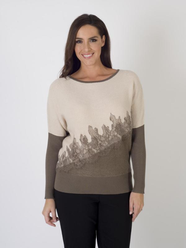 Beige Asymmetrical Design Knit Jumper - neckline: round neck; sleeve style: dolman/batwing; style: standard; predominant colour: taupe; secondary colour: stone; occasions: casual, creative work; length: standard; fibres: cotton - mix; fit: standard fit; sleeve length: long sleeve; texture group: knits/crochet; pattern type: knitted - fine stitch; pattern size: standard; pattern: colourblock; embellishment: lace; season: a/w 2015