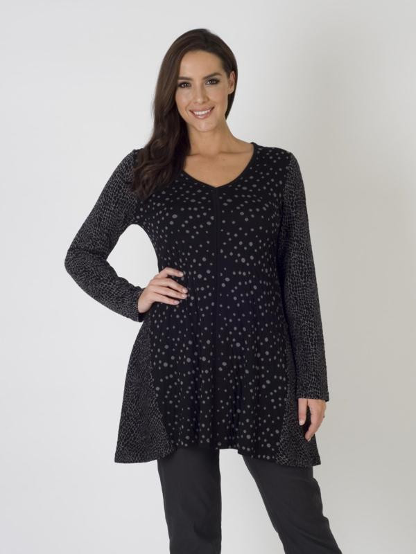 Grey Mixed Fabric Jersey Tunic - neckline: low v-neck; length: below the bottom; style: tunic; secondary colour: ivory/cream; predominant colour: navy; occasions: casual; fibres: polyester/polyamide - stretch; fit: loose; sleeve length: long sleeve; sleeve style: standard; pattern type: fabric; pattern size: standard; pattern: patterned/print; texture group: jersey - stretchy/drapey; season: a/w 2015