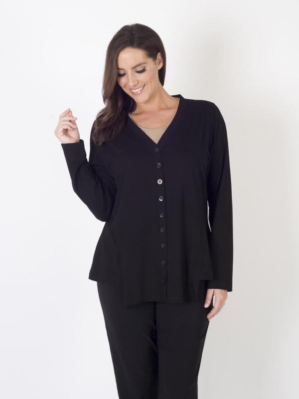 Black Jersey Cardigan - neckline: v-neck; pattern: plain; predominant colour: black; occasions: casual, creative work; length: standard; style: standard; fibres: cotton - mix; fit: standard fit; waist detail: peplum detail at waist; sleeve length: long sleeve; sleeve style: standard; pattern type: fabric; texture group: jersey - stretchy/drapey; season: a/w 2015