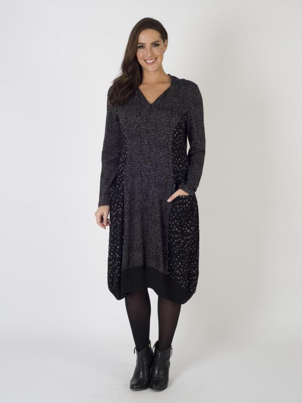 Grey Mixed Fabric Jersey Dress - style: shift; length: below the knee; neckline: v-neck; pattern: plain; hip detail: side pockets at hip; predominant colour: charcoal; secondary colour: black; occasions: casual; fit: body skimming; fibres: polyester/polyamide - stretch; sleeve length: long sleeve; sleeve style: standard; pattern type: fabric; texture group: jersey - stretchy/drapey; season: a/w 2015