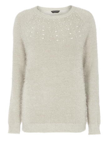 Womens Grey Pearl Jumper Grey - neckline: round neck; pattern: plain; style: standard; predominant colour: ivory/cream; occasions: casual, creative work; length: standard; fibres: polyester/polyamide - mix; fit: standard fit; sleeve length: long sleeve; sleeve style: standard; texture group: knits/crochet; pattern type: knitted - fine stitch; embellishment: pearls; trends: christmas jumpers; season: a/w 2015