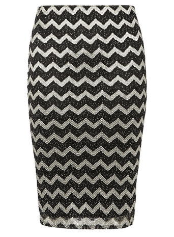 Womens Petite Zigzag Shimmer Skirt Black - style: pencil; fit: tight; waist: mid/regular rise; secondary colour: silver; predominant colour: black; occasions: evening; length: just above the knee; texture group: jersey - clingy; pattern type: fabric; pattern: patterned/print; fibres: nylon - stretch; multicoloured: multicoloured; season: a/w 2015