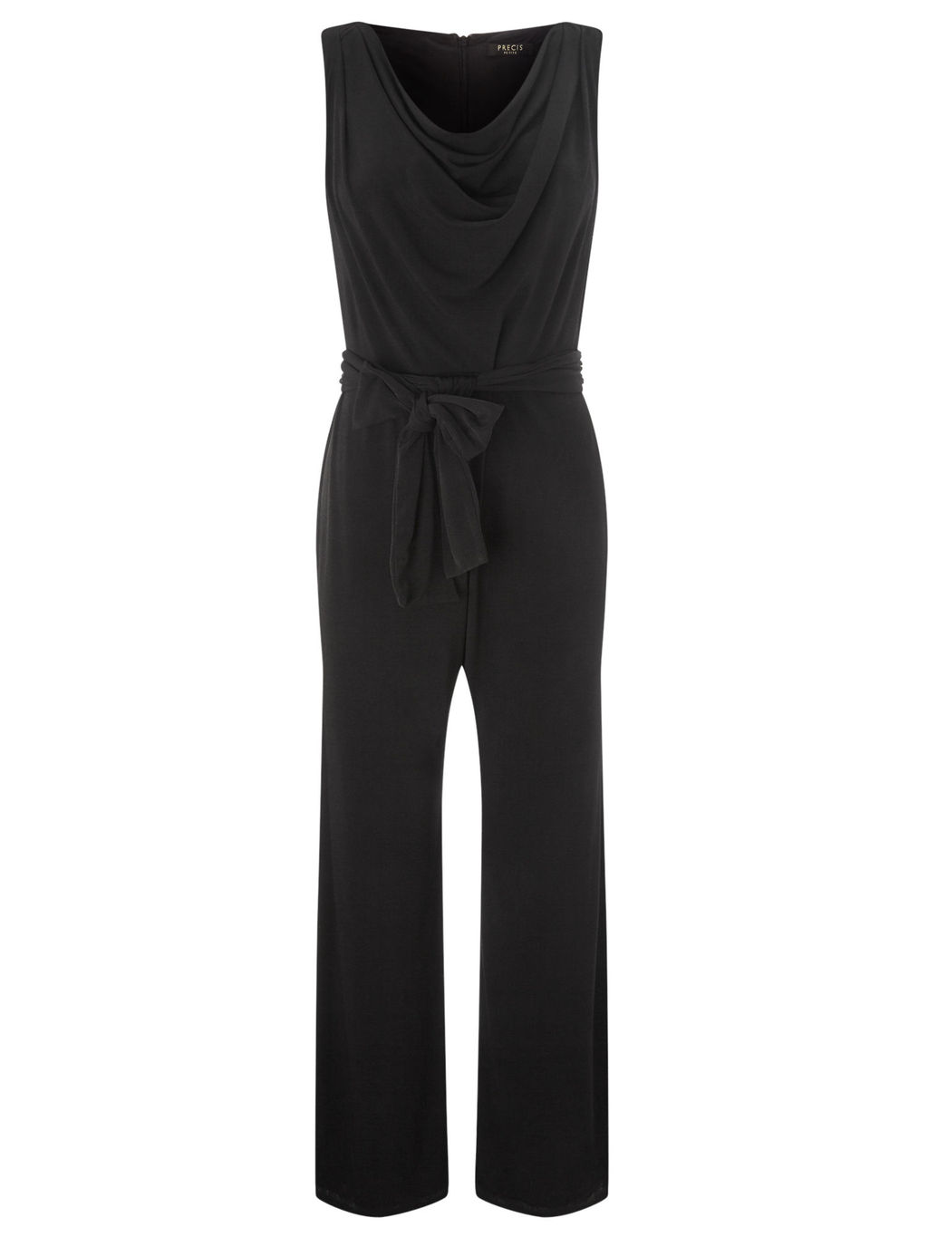 Cowl Neck Jumpsuit - length: standard; neckline: cowl/draped neck; pattern: plain; sleeve style: sleeveless; waist detail: belted waist/tie at waist/drawstring; predominant colour: black; occasions: evening; fit: body skimming; fibres: polyester/polyamide - stretch; sleeve length: sleeveless; style: jumpsuit; pattern type: fabric; texture group: jersey - stretchy/drapey; season: a/w 2015