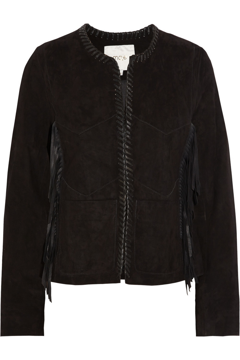 Fringed Suede Jacket Black - pattern: plain; collar: round collar/collarless; style: boxy; predominant colour: black; occasions: casual, creative work; length: standard; fit: straight cut (boxy); fibres: leather - 100%; sleeve length: long sleeve; sleeve style: standard; collar break: high; pattern type: fabric; texture group: suede; embellishment: fringing; season: a/w 2015