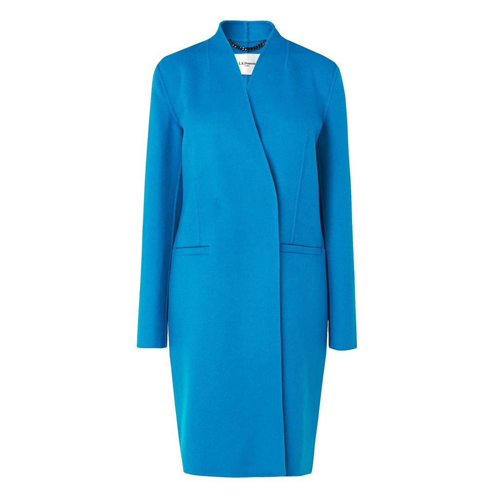 Sandra Blue Cashmere Coat Blue Azure - pattern: plain; style: single breasted; collar: standard lapel/rever collar; predominant colour: diva blue; occasions: work, occasion, creative work; fit: tailored/fitted; length: below the knee; fibres: cashmere - 100%; sleeve length: long sleeve; sleeve style: standard; collar break: medium; pattern type: fabric; texture group: woven bulky/heavy; season: a/w 2015