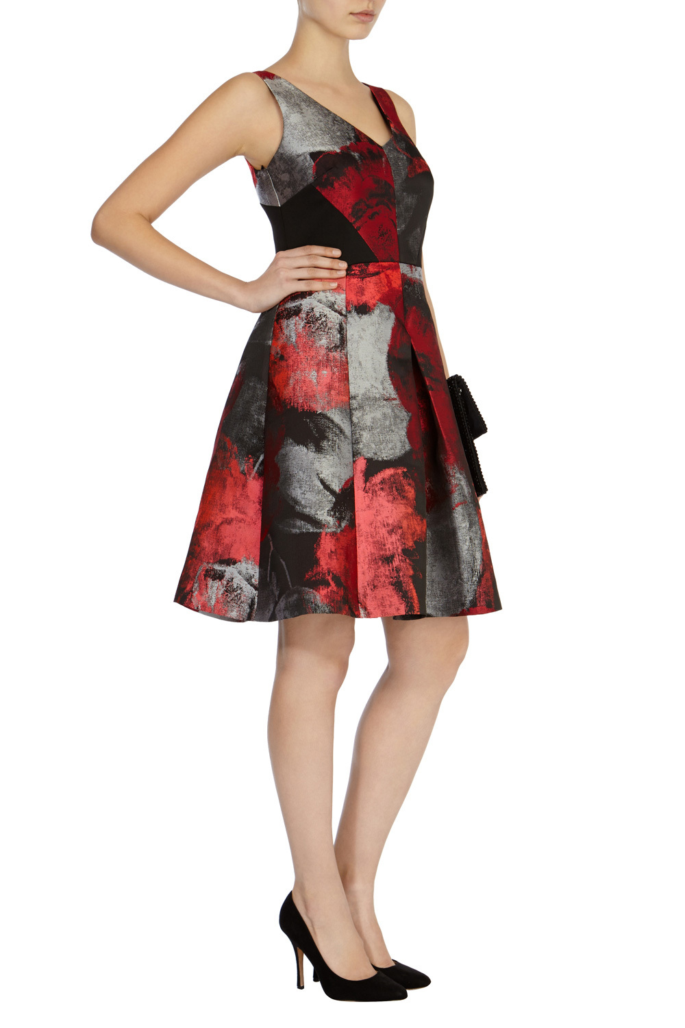 Emri Jacquard Dress - neckline: low v-neck; sleeve style: sleeveless; style: prom dress; secondary colour: true red; predominant colour: black; occasions: evening, occasion; length: just above the knee; fit: fitted at waist & bust; fibres: silk - mix; hip detail: structured pleats at hip; sleeve length: sleeveless; pattern type: fabric; pattern size: big & busy; pattern: florals; texture group: brocade/jacquard; multicoloured: multicoloured; season: a/w 2015