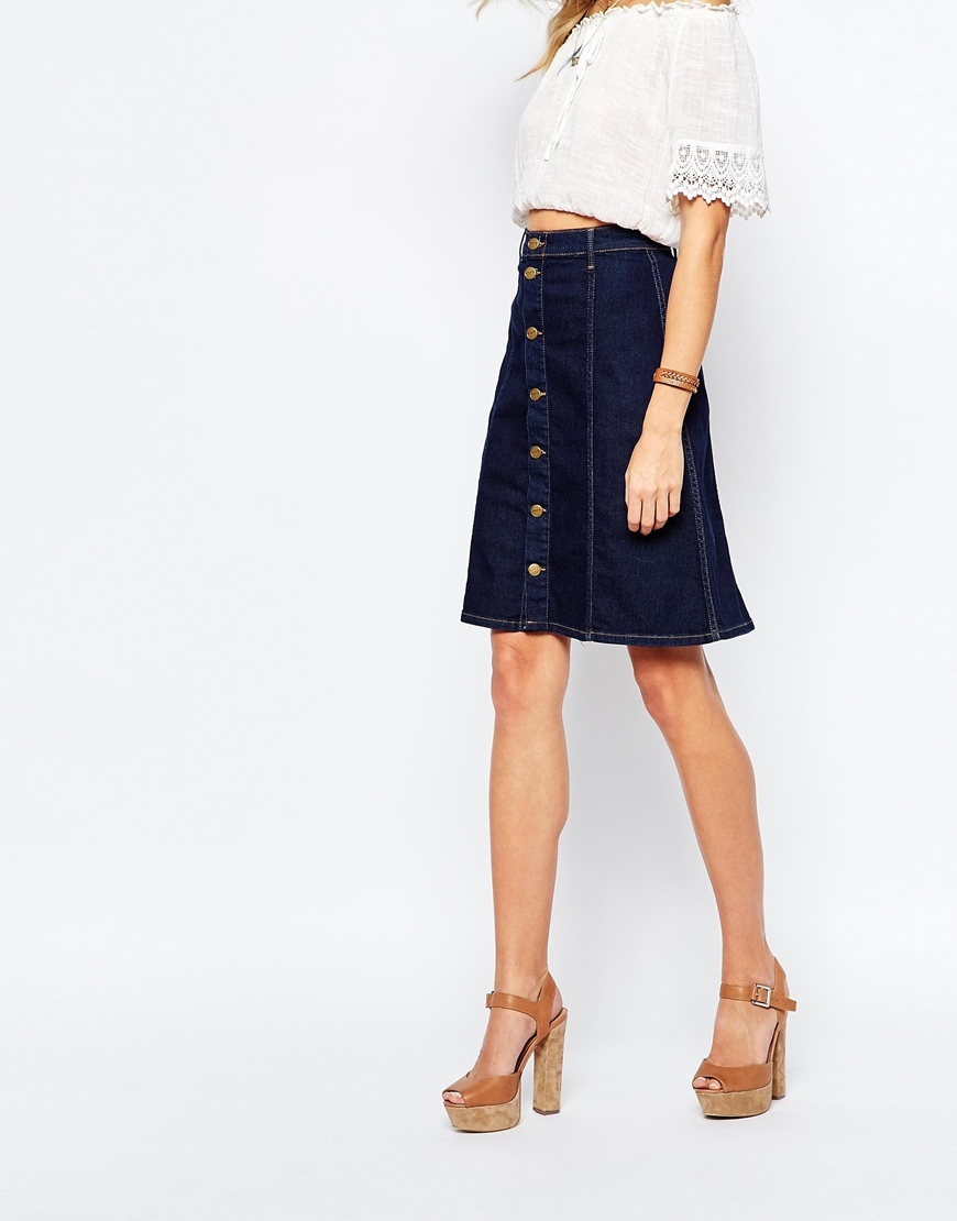 Denim A Line Knee Skirt Blue - pattern: plain; fit: loose/voluminous; waist: mid/regular rise; predominant colour: navy; occasions: casual; length: just above the knee; style: a-line; fibres: cotton - mix; waist detail: narrow waistband; texture group: denim; pattern type: fabric; season: a/w 2015