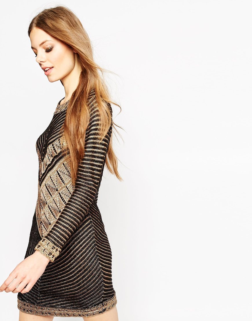 Dress In Knit In Metallic Yarn In Chevron Pattern Black/Gold - style: shift; fit: tight; secondary colour: gold; predominant colour: black; occasions: evening, occasion; length: just above the knee; neckline: crew; sleeve length: long sleeve; sleeve style: standard; texture group: knits/crochet; pattern type: fabric; pattern: patterned/print; season: a/w 2015