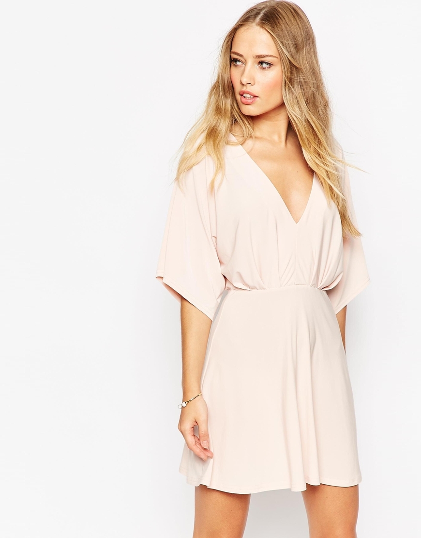 Kimono Plunge Mini Dress Nude - style: empire line; length: mid thigh; neckline: plunge; fit: empire; pattern: plain; sleeve style: kimono; predominant colour: blush; occasions: casual; sleeve length: half sleeve; pattern size: standard; texture group: jersey - stretchy/drapey; season: a/w 2015