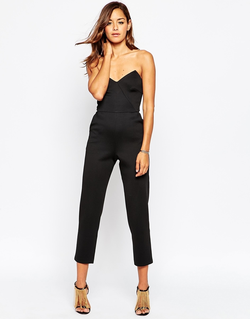 Scuba Jumpsuit With Angular Bandeau Black - neckline: strapless (straight/sweetheart); fit: tailored/fitted; pattern: plain; sleeve style: strapless; predominant colour: black; occasions: evening, occasion; length: ankle length; fibres: polyester/polyamide - stretch; sleeve length: sleeveless; style: jumpsuit; pattern type: fabric; texture group: other - light to midweight; season: a/w 2015