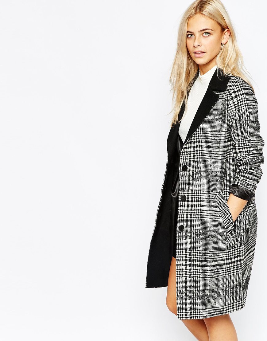 Check Coat Black/White - pattern: checked/gingham; length: below the bottom; style: single breasted; collar: standard lapel/rever collar; predominant colour: mid grey; secondary colour: black; occasions: casual, creative work; fit: straight cut (boxy); sleeve length: long sleeve; sleeve style: standard; trends: monochrome, plaid and simple; collar break: medium; pattern type: fabric; pattern size: light/subtle; texture group: woven bulky/heavy; season: a/w 2015