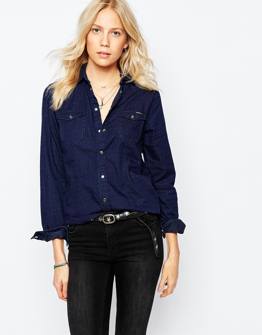 Denim Shirt Blue - neckline: shirt collar/peter pan/zip with opening; pattern: plain; style: shirt; predominant colour: navy; occasions: casual; length: standard; fibres: cotton - 100%; fit: body skimming; sleeve length: long sleeve; sleeve style: standard; texture group: denim; pattern type: fabric; season: a/w 2015