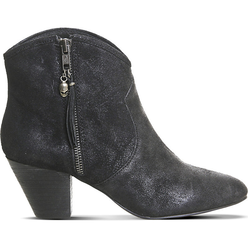 Jess Zipped Suede Boots, Women's, Black Suede - predominant colour: black; occasions: casual, creative work; material: suede; heel height: mid; heel: block; toe: round toe; boot length: ankle boot; style: cowboy; finish: plain; pattern: plain; season: a/w 2015