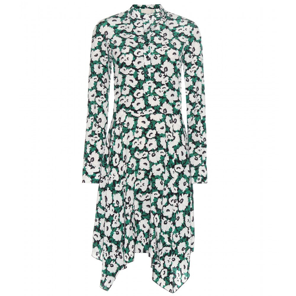 Floral Printed Silk Dress - style: shirt; secondary colour: white; predominant colour: dark green; occasions: evening; length: on the knee; fit: body skimming; neckline: collarstand; fibres: silk - 100%; sleeve length: long sleeve; sleeve style: standard; texture group: silky - light; pattern type: fabric; pattern: florals; multicoloured: multicoloured; season: a/w 2015