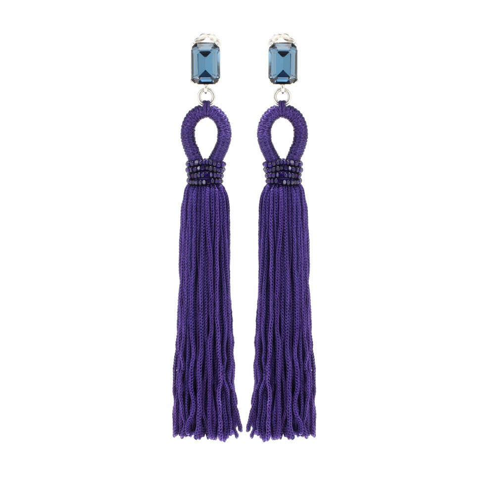Embellished Tassel Clip On Earrings - predominant colour: purple; secondary colour: pale blue; occasions: evening, occasion; style: drop; length: extra long; size: large/oversized; material: chain/metal; fastening: pierced; finish: plain; embellishment: tassels; season: a/w 2015